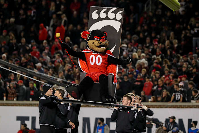 Dec 4, 2021; Cincinnati, Ohio, USA; The Cincinnati Bearcats mascot during the second half against the Houston Cougars during the American Athletic Conference championship game at Nippert Stadium. Mandatory Credit: Katie Stratman-USA TODAY Sports